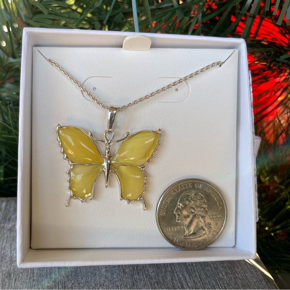 Genuine Butterscotch Amber Butterfly Sterling Silver Necklace